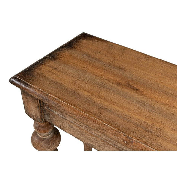 Close-up of French Country Farmhouse Console Table showcasing rustic wood craftsmanship and elegant design.