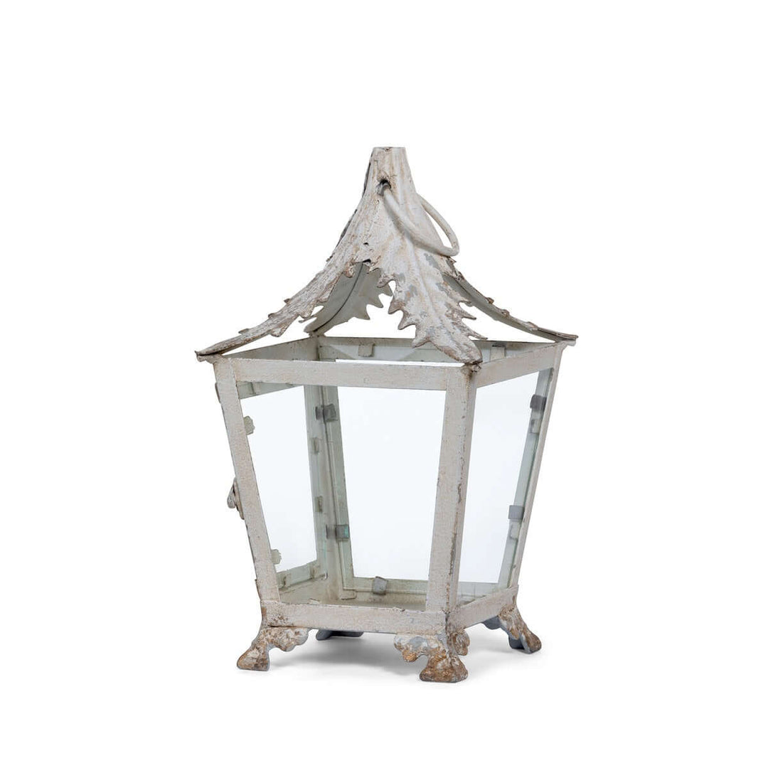 French Country Garden Lantern in Distressed Cream with iron frame and glass panels, perfect for adding rustic charm to outdoor settings.