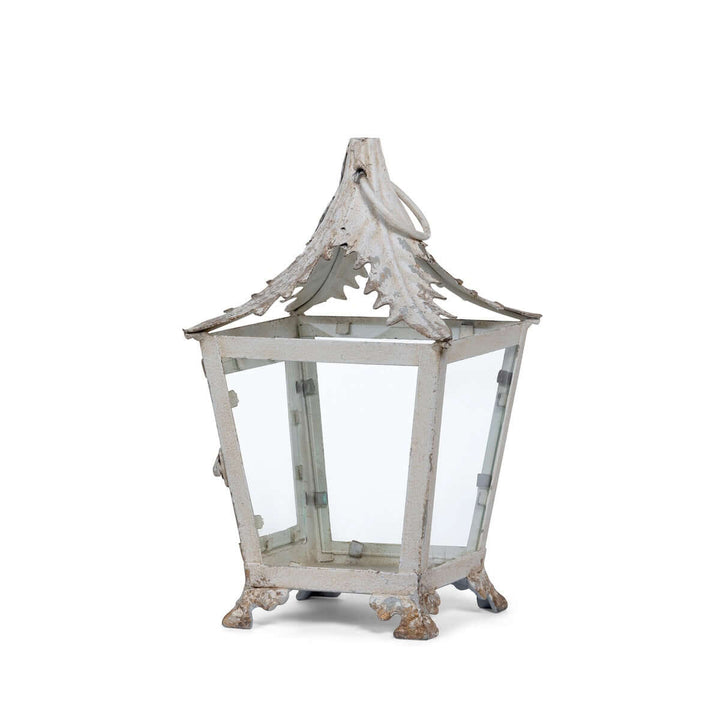 French Country Garden Lantern in Distressed Cream with iron frame and glass panels, perfect for adding rustic charm to outdoor settings.