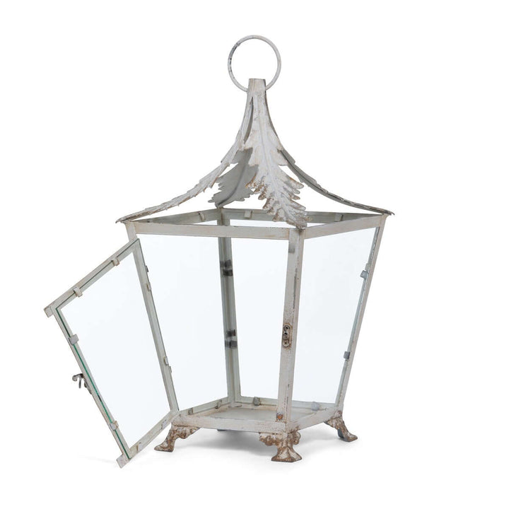 French Country Garden Lantern in Distressed Cream with open door showcasing iron and glass craftsmanship.