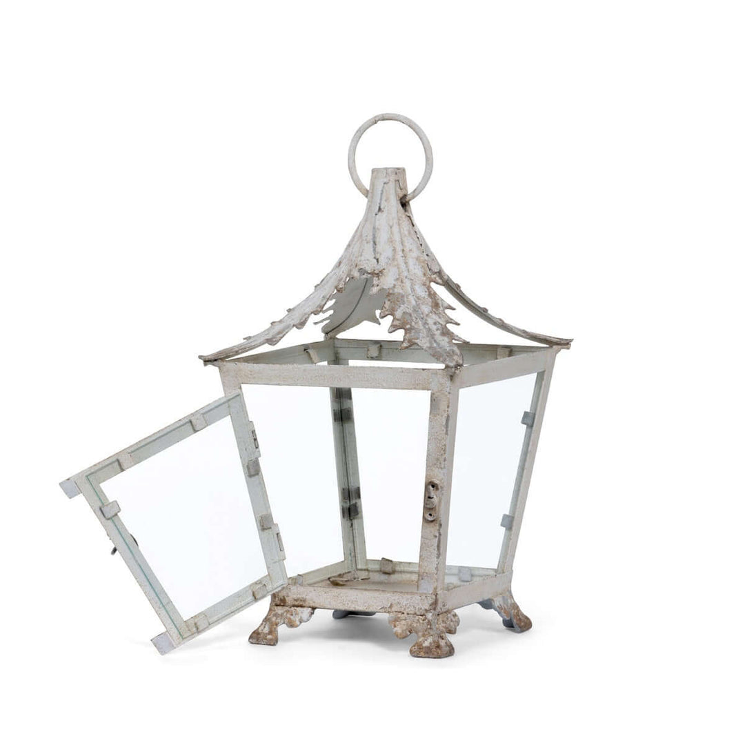 French Country Garden Lantern in distressed cream finish with open door, featuring iron and glass construction, evoking romantic Provence charm.