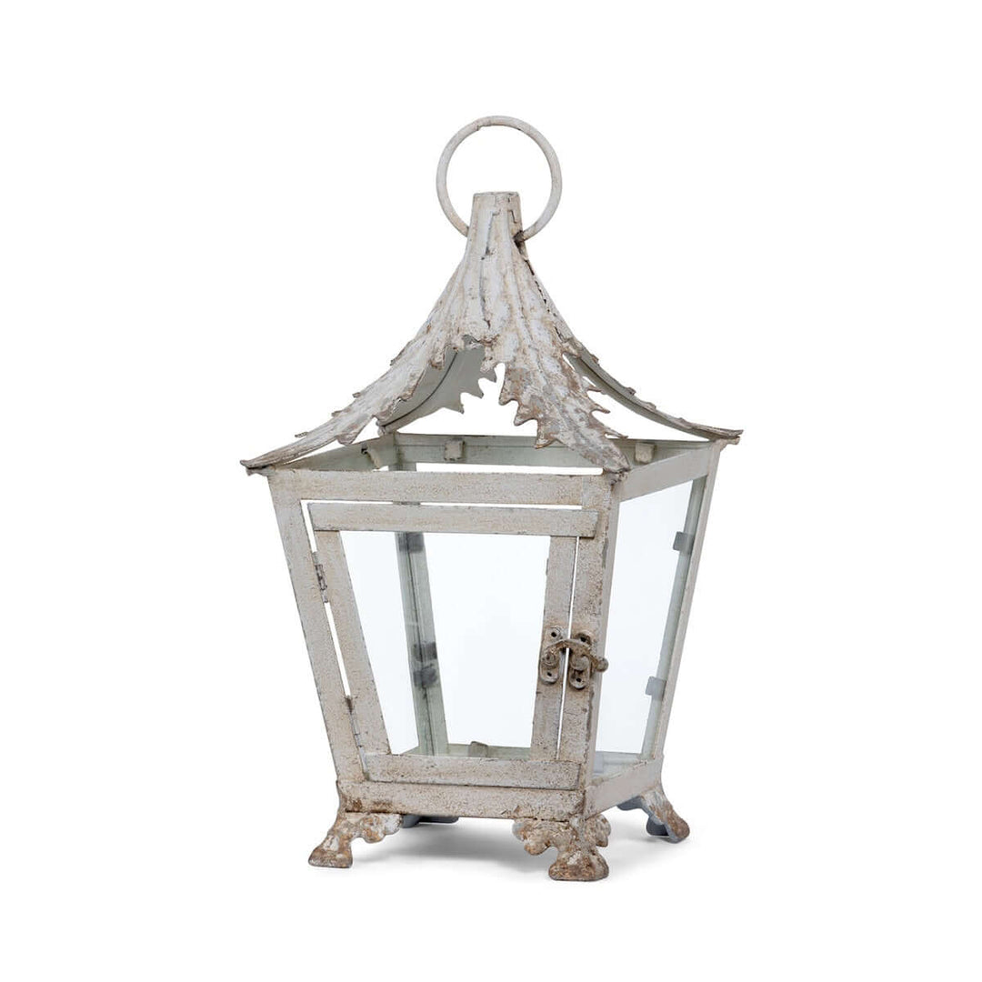 French Country Garden Lantern in Distressed Cream with iron and glass design, evoking Provence romance and old-world charm.