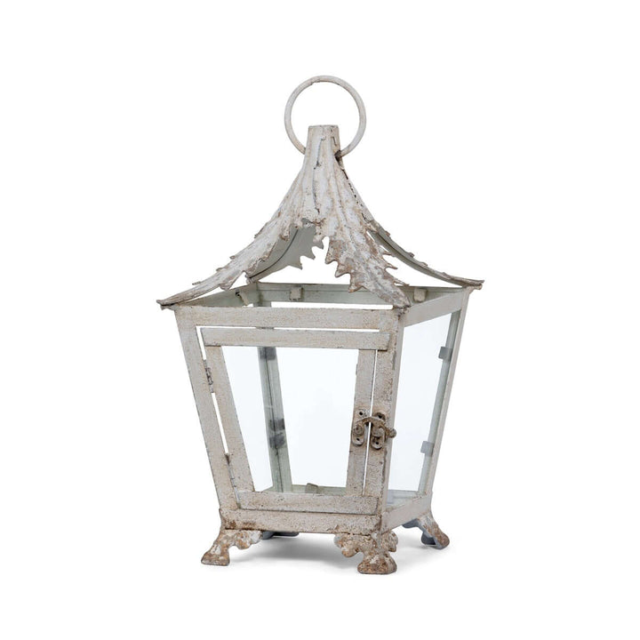 French Country Garden Lantern in Distressed Cream with iron and glass design, evoking Provence romance and old-world charm.