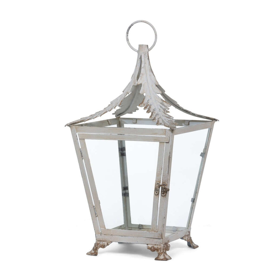 French Country Garden Lantern in Distressed Cream with iron and glass, evoking Provence charm and old-world craftsmanship.