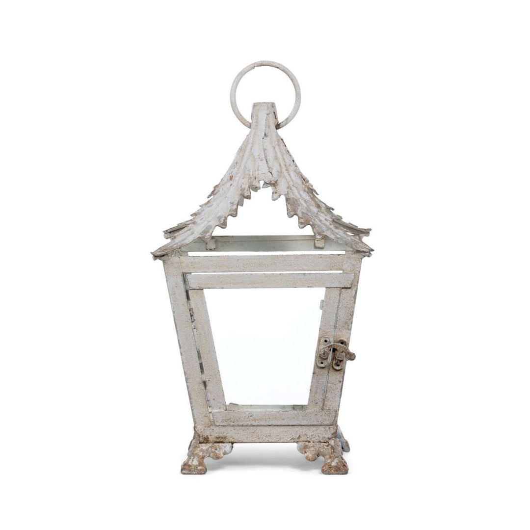 French Country Garden Lantern in Distressed Cream, vintage style iron and glass, perfect for rustic outdoor decor.