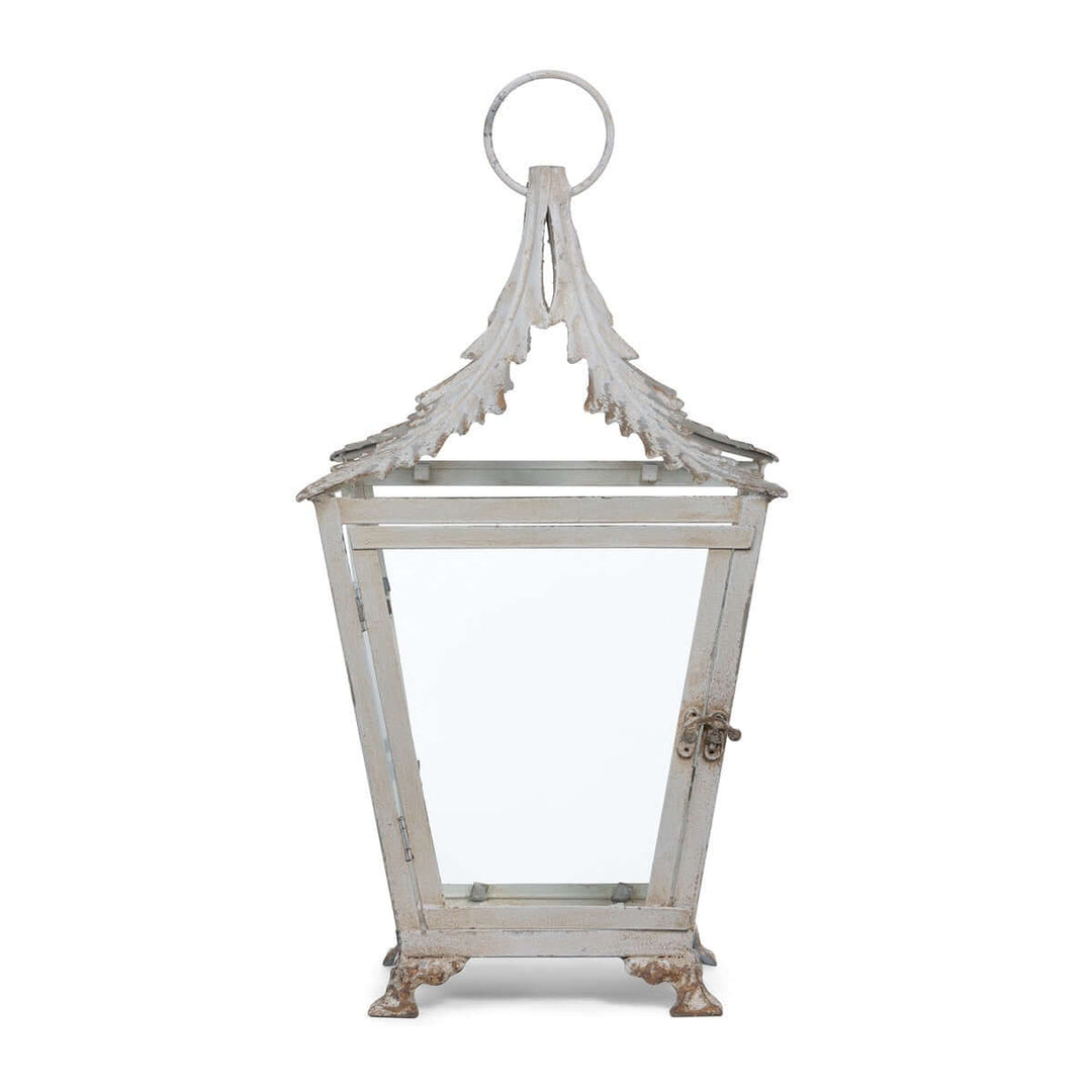 French Country Garden Lantern in Distressed Cream iron and glass design with vintage appeal.