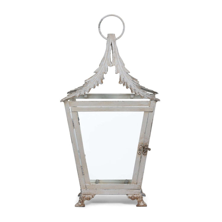 French Country Garden Lantern in Distressed Cream iron and glass design with vintage appeal.