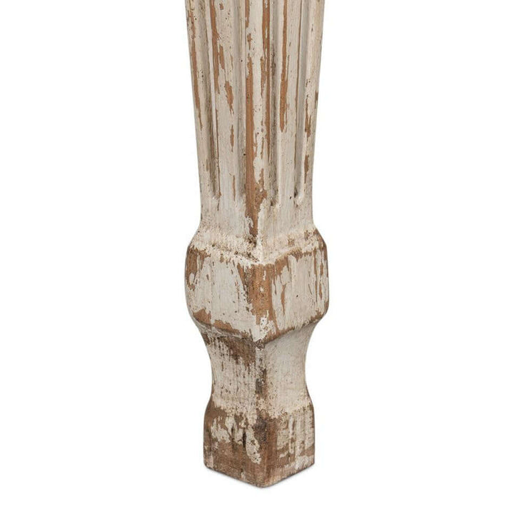 Detail of rustic leg on French Country Grey Dining Table with Natural Wood Top