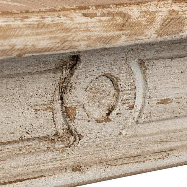 Detail of French Country Grey Dining Table with Natural Wood Top showing intricate craftsmanship and rustic elegance.