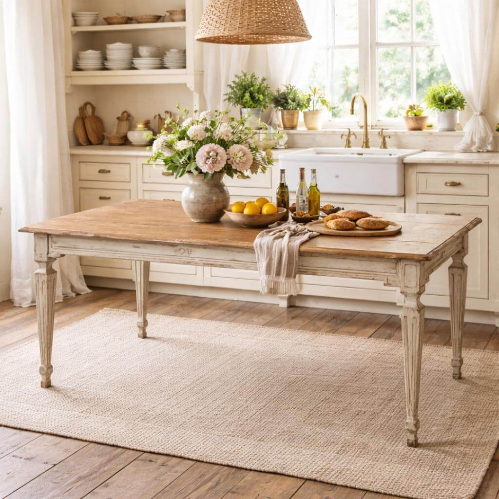 French Country Grey Dining Table with Natural Wood Top in rustic kitchen setting