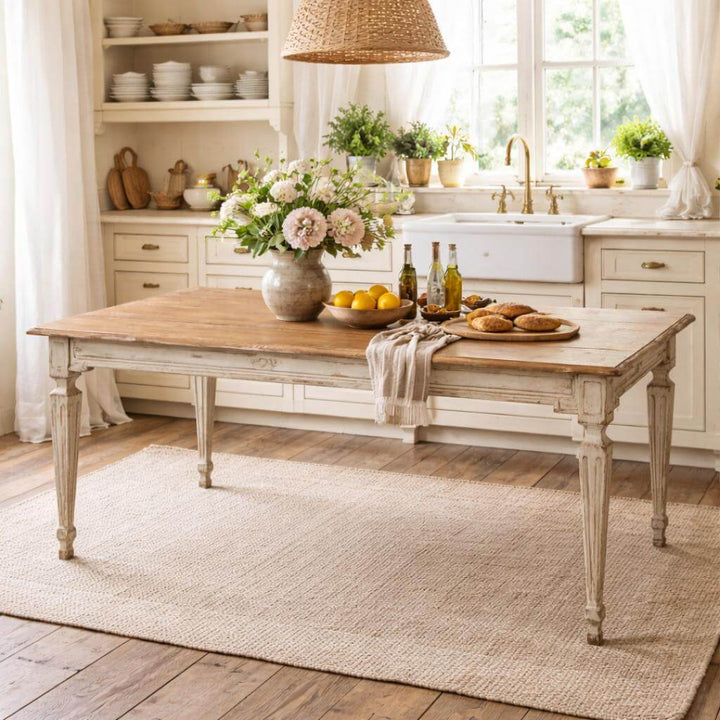 French Country Grey Dining Table with Natural Wood Top in rustic kitchen setting