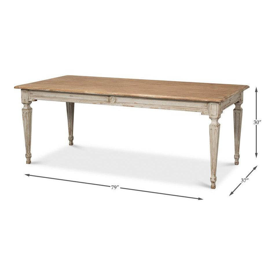 French Country Grey Dining Table with Natural Wood Top, 79x37 inches, featuring elegant Parisian-inspired design and farmhouse charm.