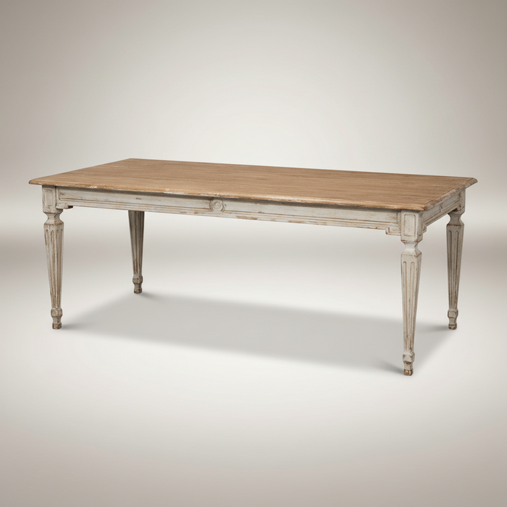 French Country Grey Dining Table with Natural Wood Top showcasing Parisian and farmhouse style.