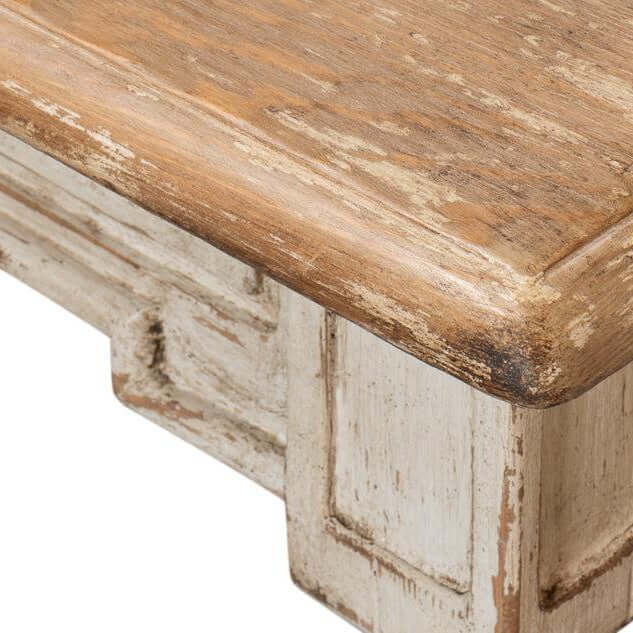 Close-up of French Country Grey Dining Table with Natural Wood Top detailing rustic farmhouse finish.