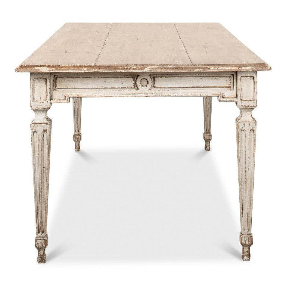 Front view of French Country Grey Dining Table with Natural Wood Top showcasing elegant Parisian and farmhouse design