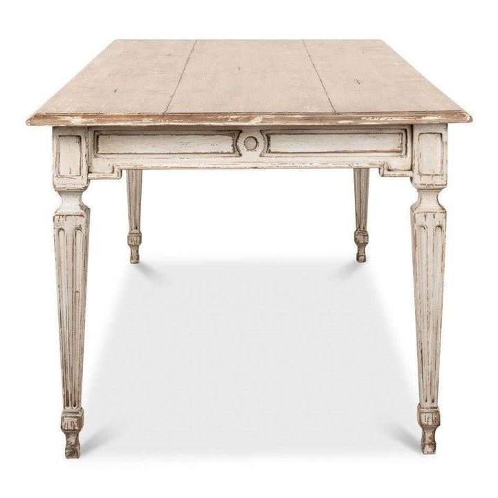Front view of French Country Grey Dining Table with Natural Wood Top showcasing elegant Parisian and farmhouse design