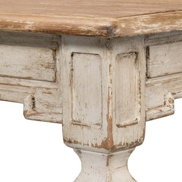 Corner detail of French Country Grey Dining Table with Natural Wood Top showcasing rustic and antique design.