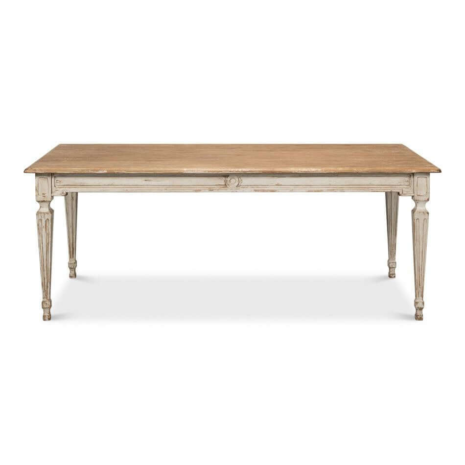 French Country Grey Dining Table with Natural Wood Top showcasing a blend of Parisian style and farmhouse warmth.