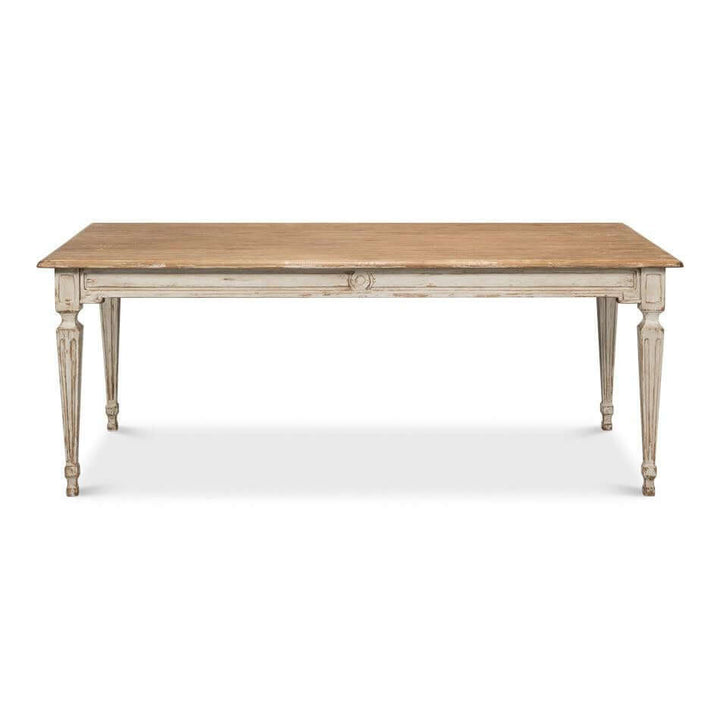 French Country Grey Dining Table with Natural Wood Top showcasing a blend of Parisian style and farmhouse warmth.