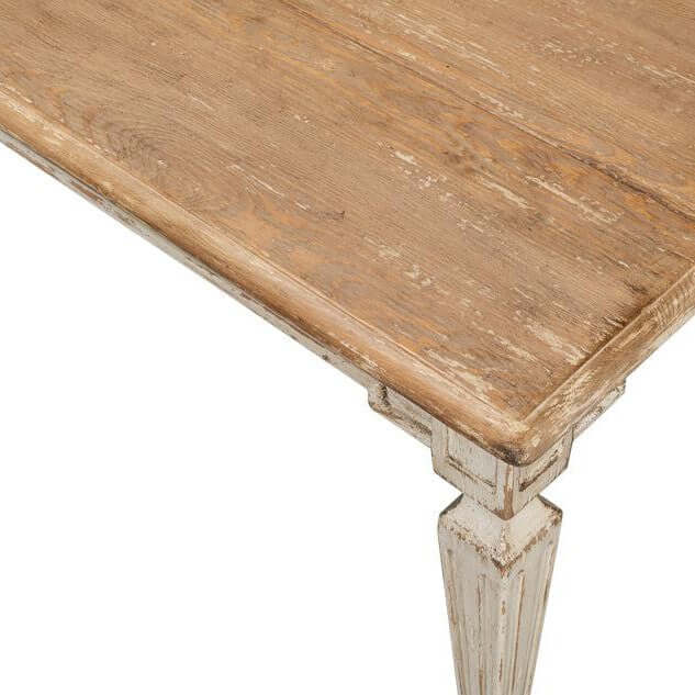 Detail of French Country Grey Dining Table with Natural Wood Top showcasing rustic elegance and Parisian charm.