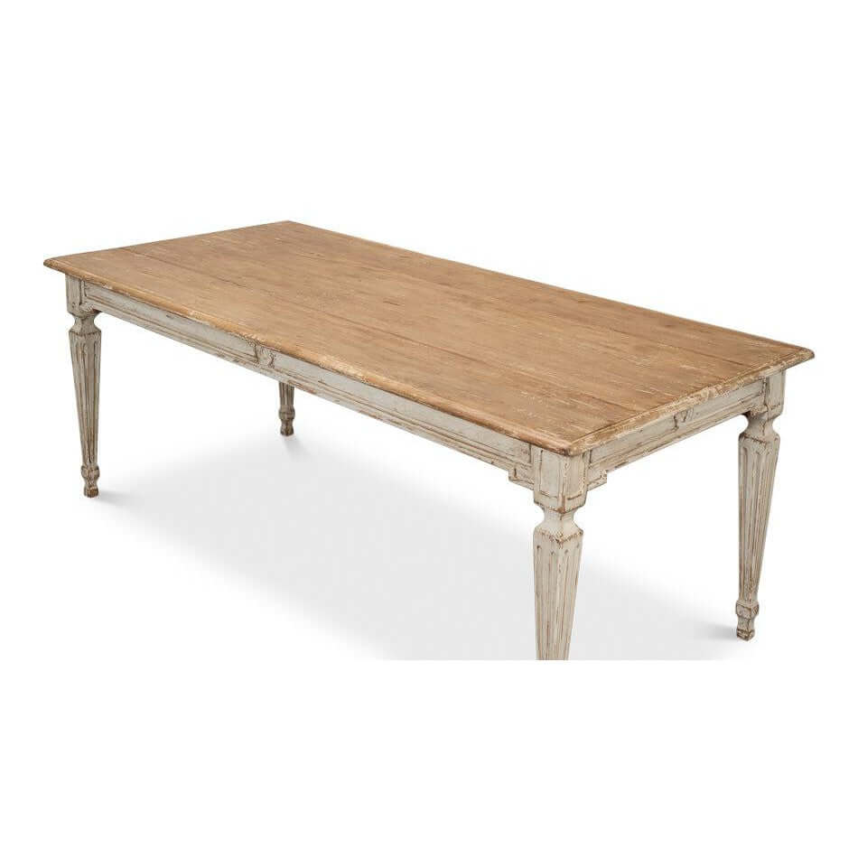 French Country Grey Dining Table with Natural Wood Top, showcasing elegance and farmhouse charm