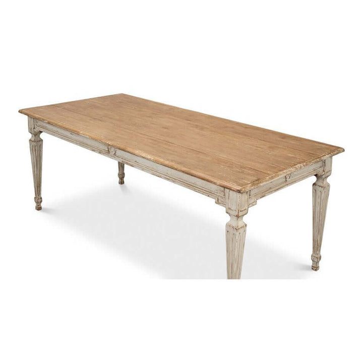 French Country Grey Dining Table with Natural Wood Top, showcasing elegance and farmhouse charm