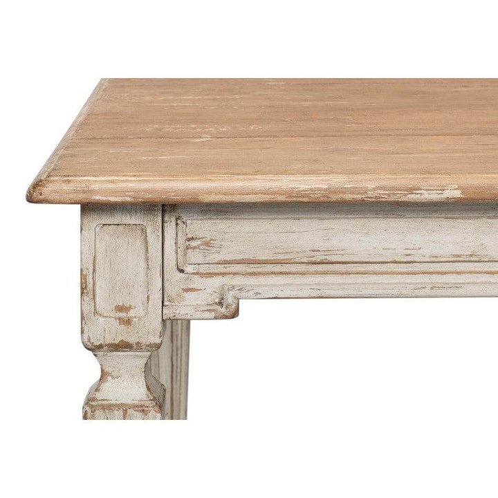 Close-up of French Country Grey Dining Table with Natural Wood Top showcasing detailed rustic elegance.