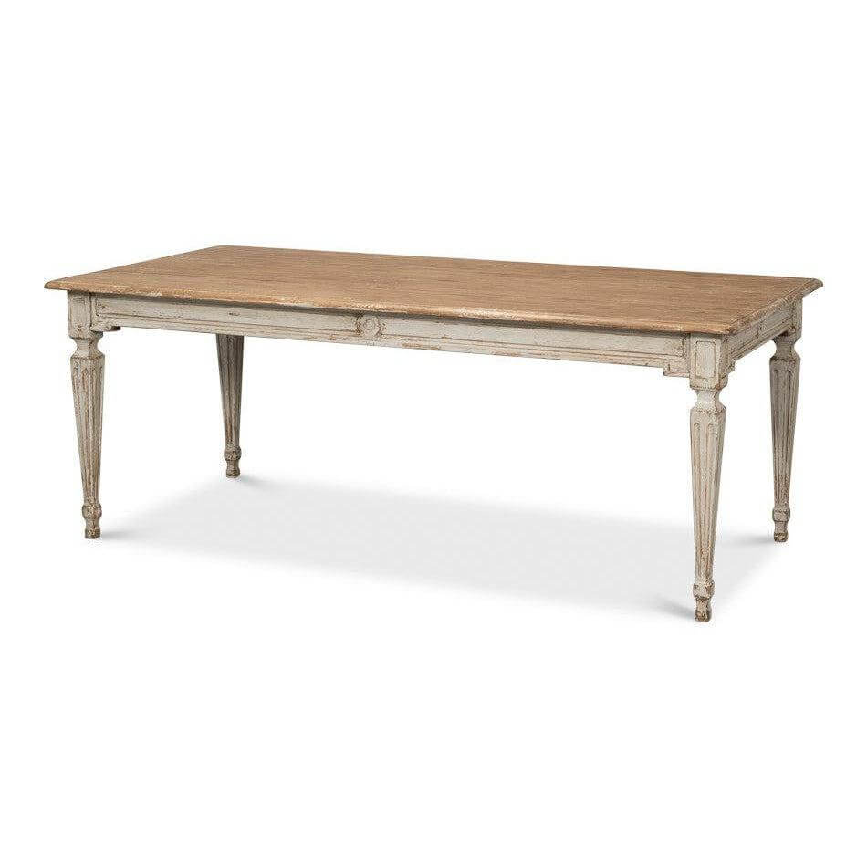 French Country Grey Dining Table with Natural Wood Top, Parisian style, elegant farmhouse furniture, timeless antique look