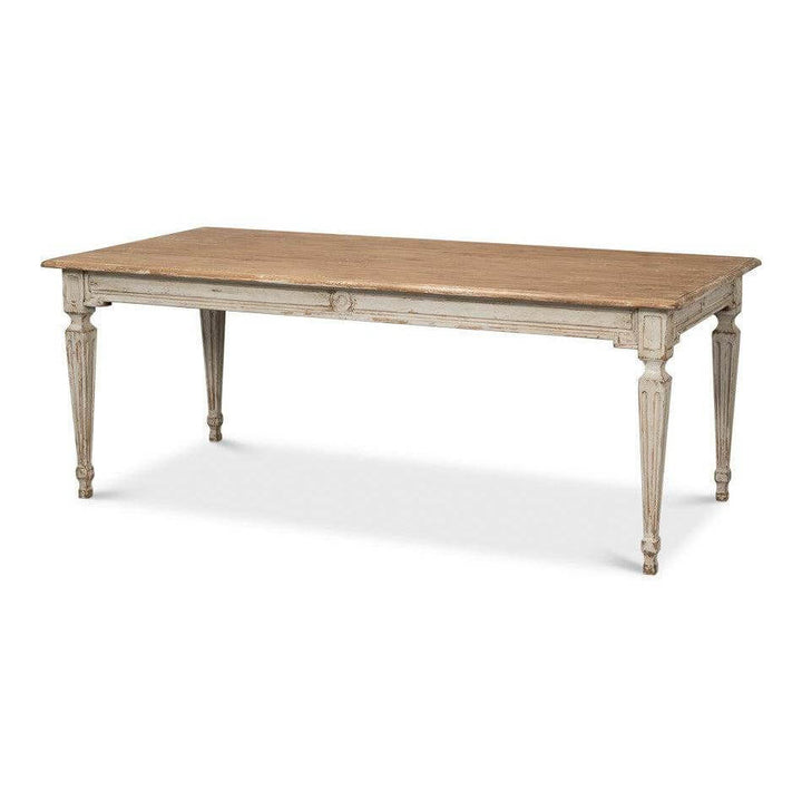 French Country Grey Dining Table with Natural Wood Top, Parisian style, elegant farmhouse furniture, timeless antique look