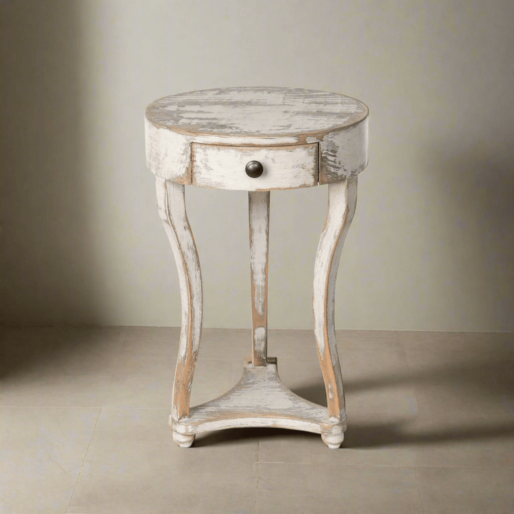 French Country Round Accent Table with Drawer, hand-finished white wash, elegant curved legs, antique pine wood.