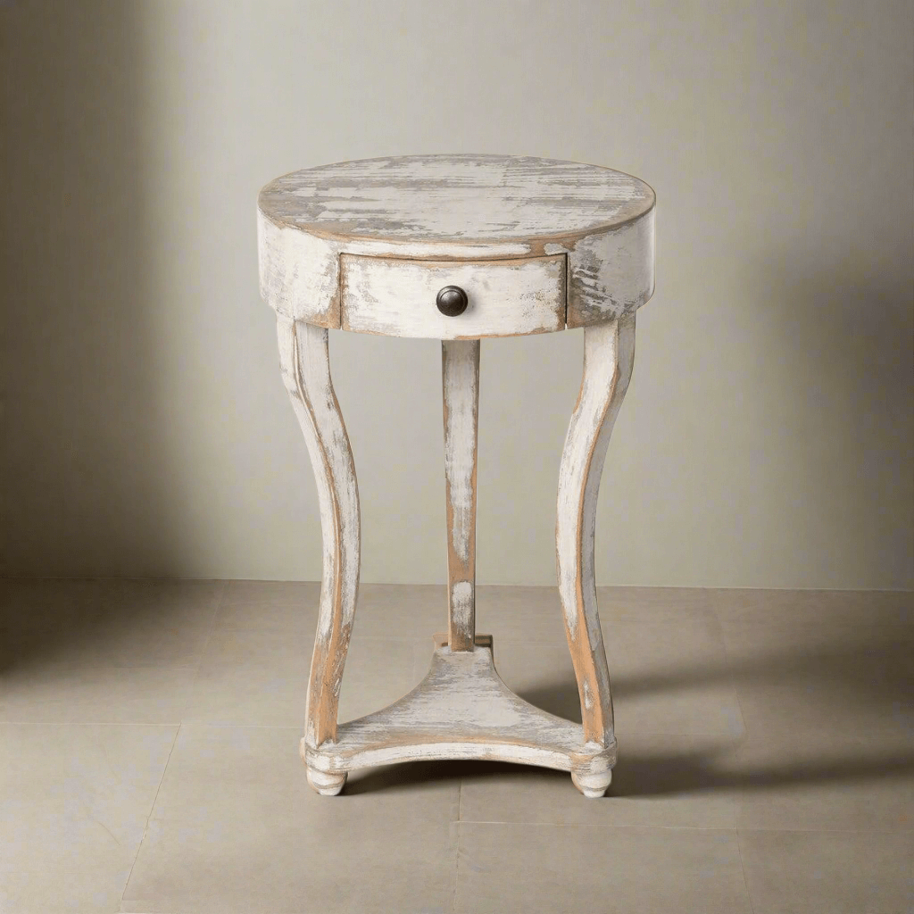 French Country Round Accent Table with Drawer, hand-finished white wash, elegant curved legs, antique pine wood.