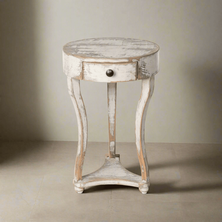 French Country Round Accent Table with Drawer, hand-finished white wash, elegant curved legs, antique pine wood.