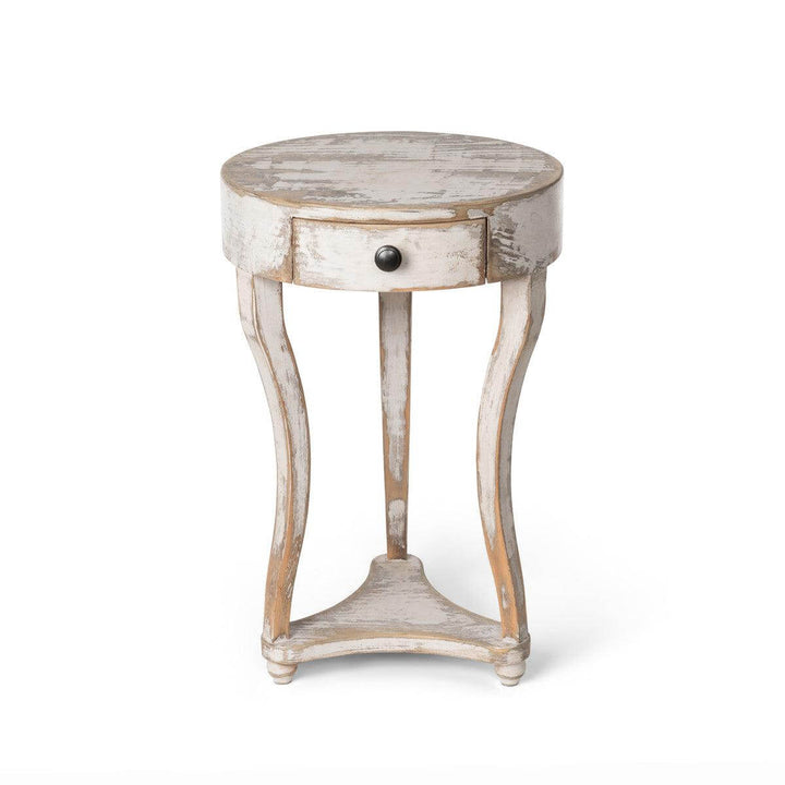 French Country Round Accent Table with Drawer in antique white wash finish