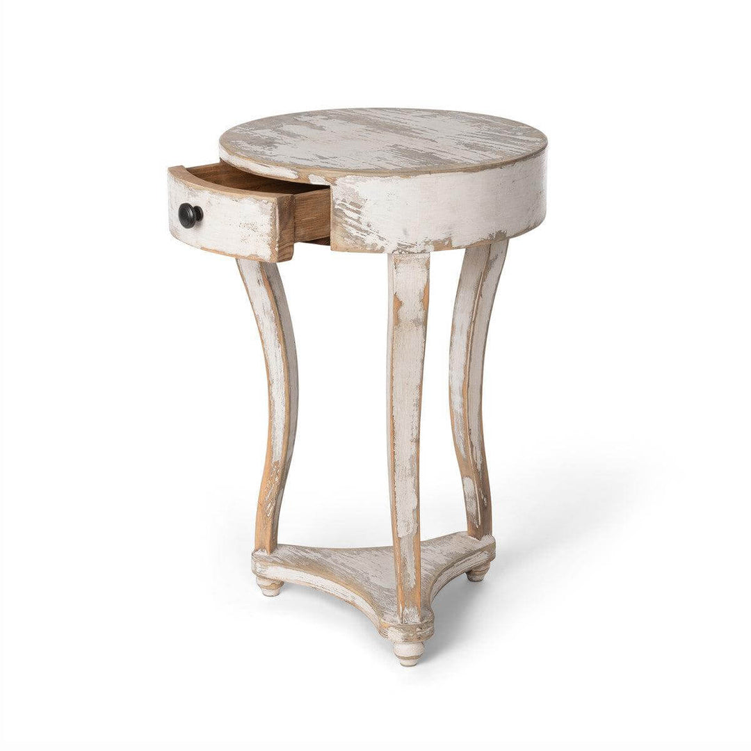 French Country Round Accent Table with Drawer in antique white wash, curved legs, and handcrafted design.