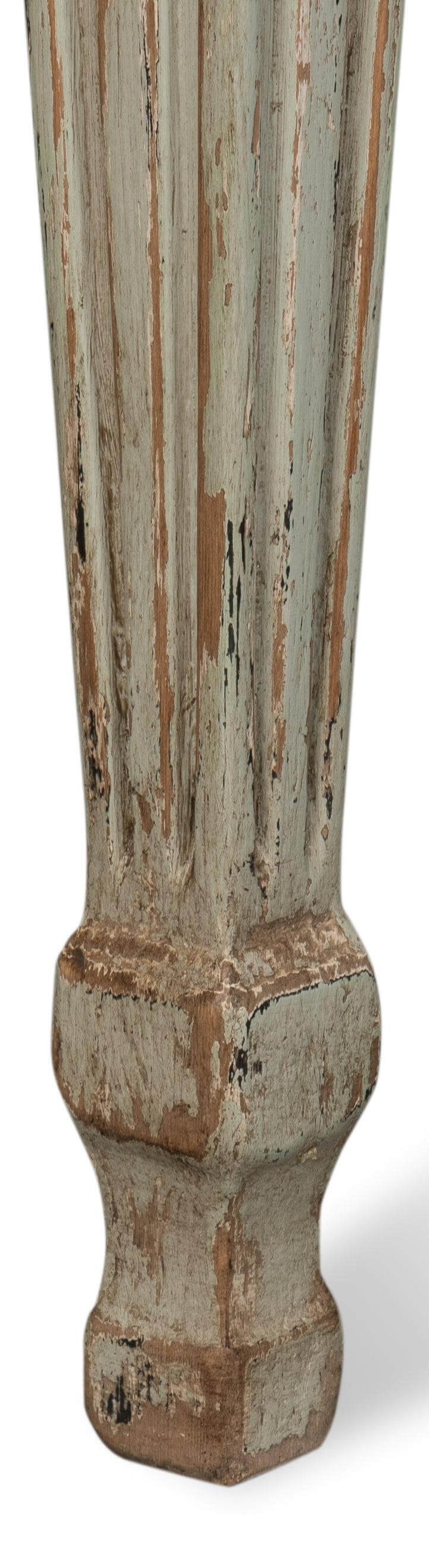 Detailed leg of the French Country Sage Dining Table with Natural Wood Top showcasing rustic craftsmanship.