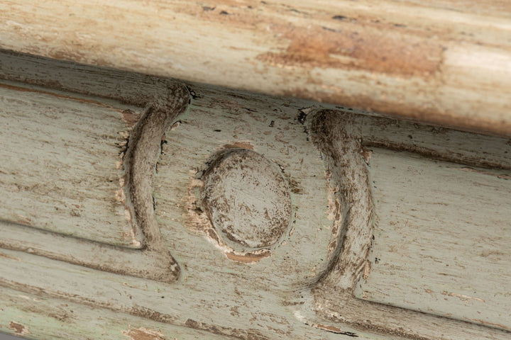 Close-up of the French Country Sage Dining Table with Natural Wood Top, showcasing handcrafted detail and rustic charm.
