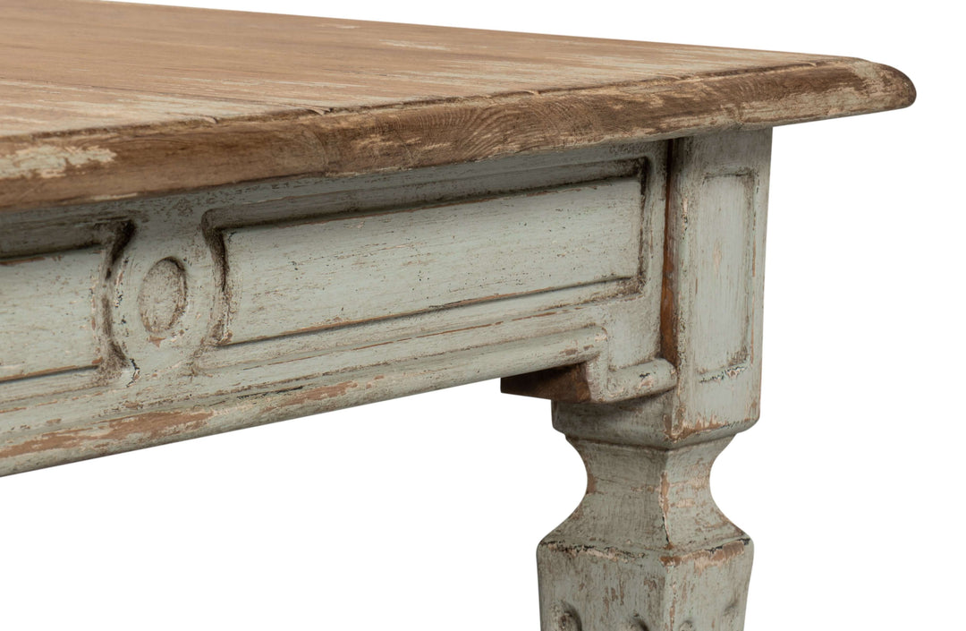 Close-up of a French Country Sage Dining Table with Natural Wood Top showcasing rustic details and solid pine craftsmanship.