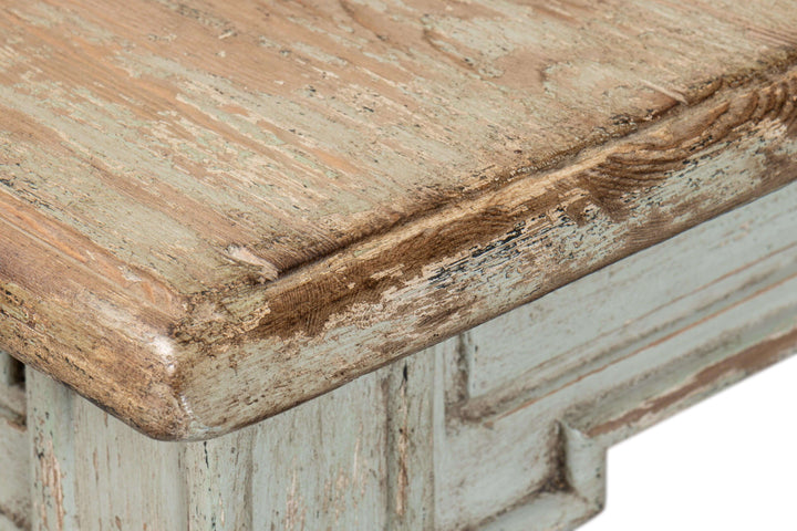 Close-up of French Country Sage Dining Table with Natural Wood Top showcasing handcrafted pine details.