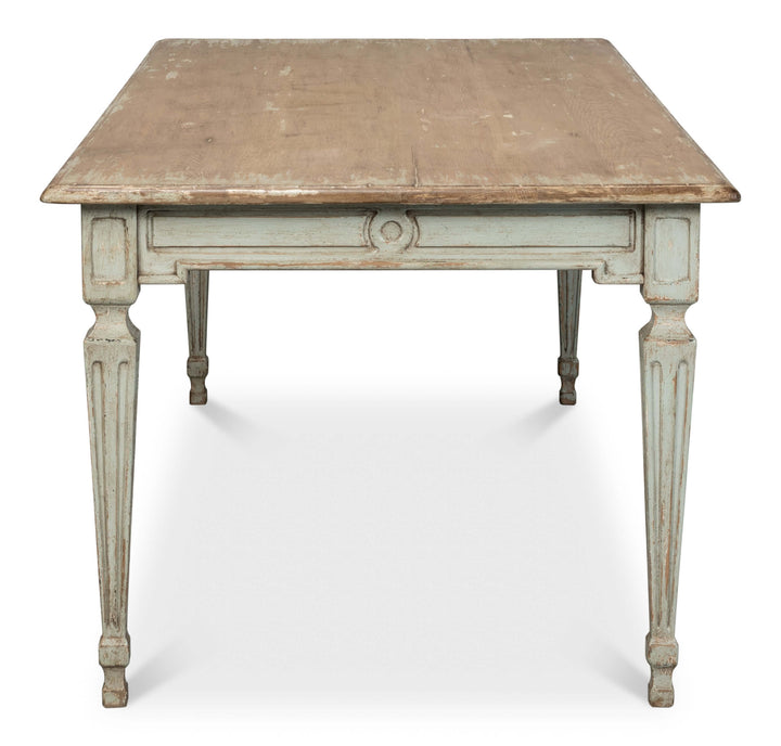 French Country Sage Dining Table with Natural Wood Top showcasing timeless craftsmanship and provincial grace.