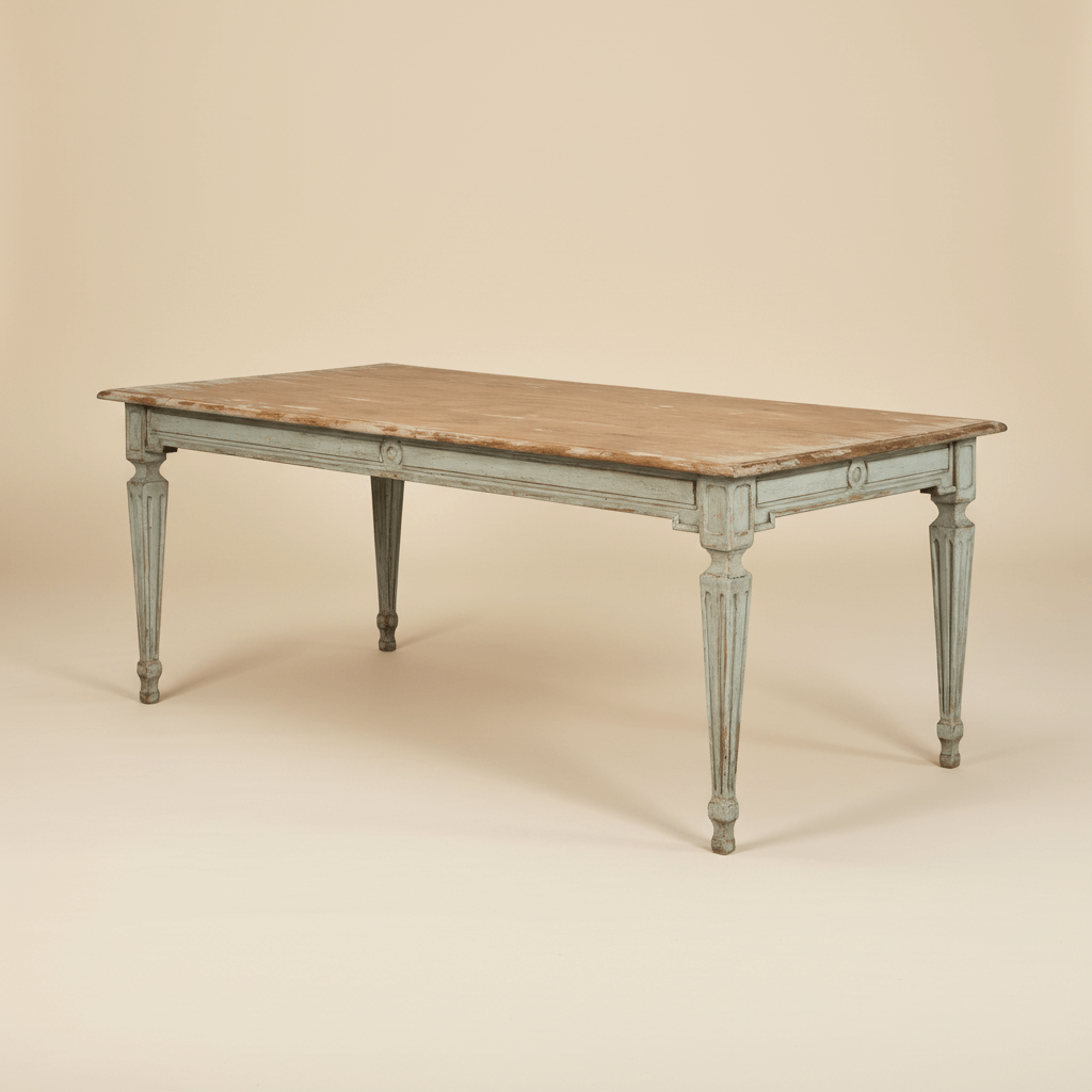 French Country Sage Dining Table with Natural Wood Top, showcasing classic design with a handcrafted solid pine base and elegant provincial flair.