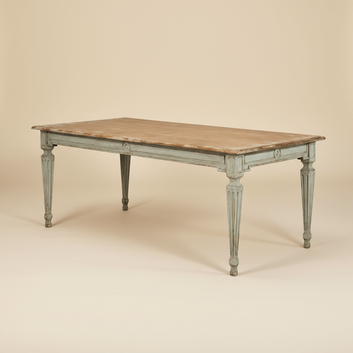 French Country Sage Dining Table with Natural Wood Top, showcasing classic design with a handcrafted solid pine base and elegant provincial flair.