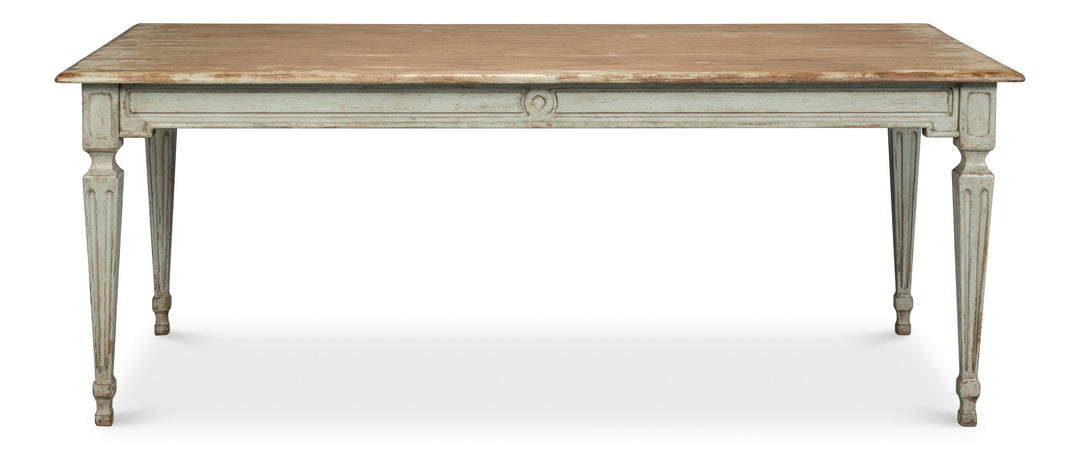 French Country Sage Dining Table with Natural Wood Top showcasing handcrafted solid pine design.
