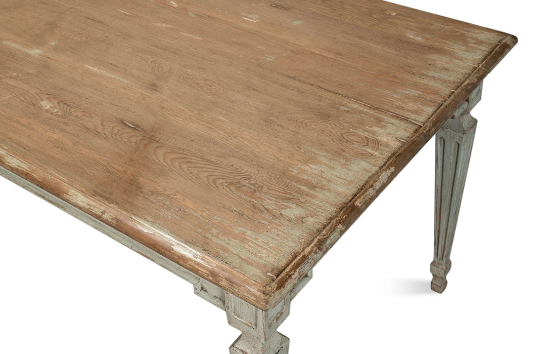French Country Sage Dining Table with Natural Wood Top showcasing detailed craftsmanship and elegant design.