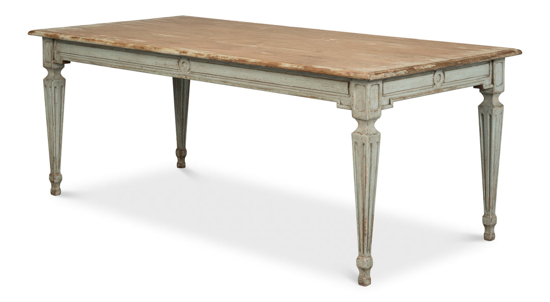French Country Sage Dining Table with Natural Wood Top showcasing handcrafted design and provincial elegance.