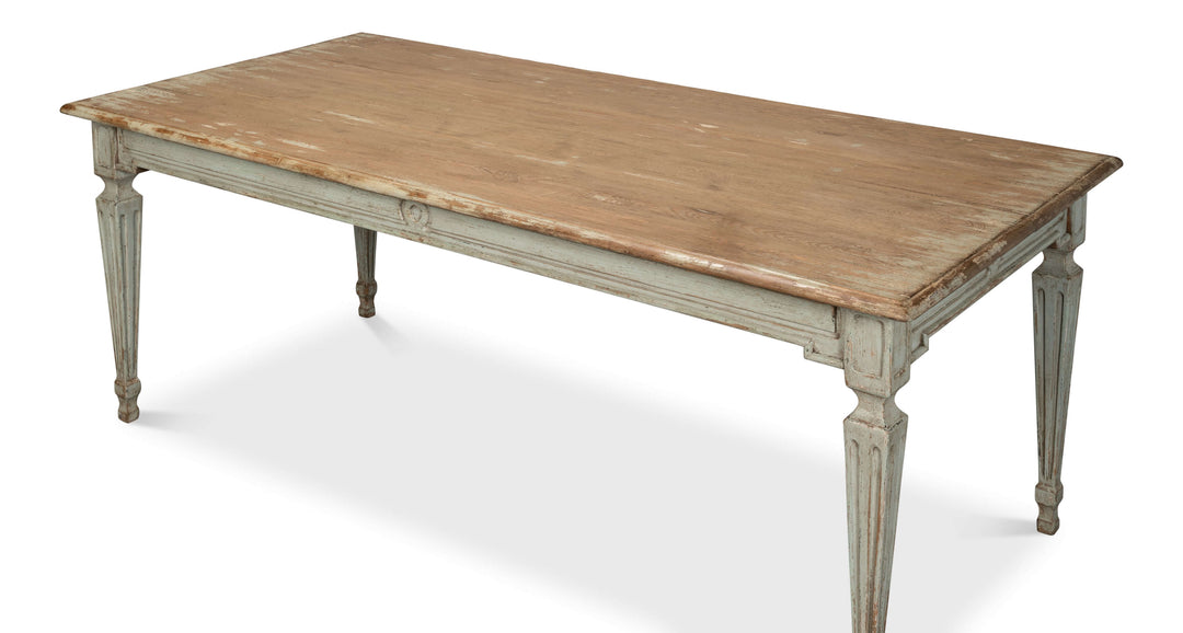 French Country Sage Dining Table with Natural Wood Top displaying timeless craftsmanship and provincial grace.