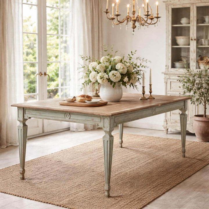 French Country Sage Dining Table with Natural Wood Top in elegant dining room setting