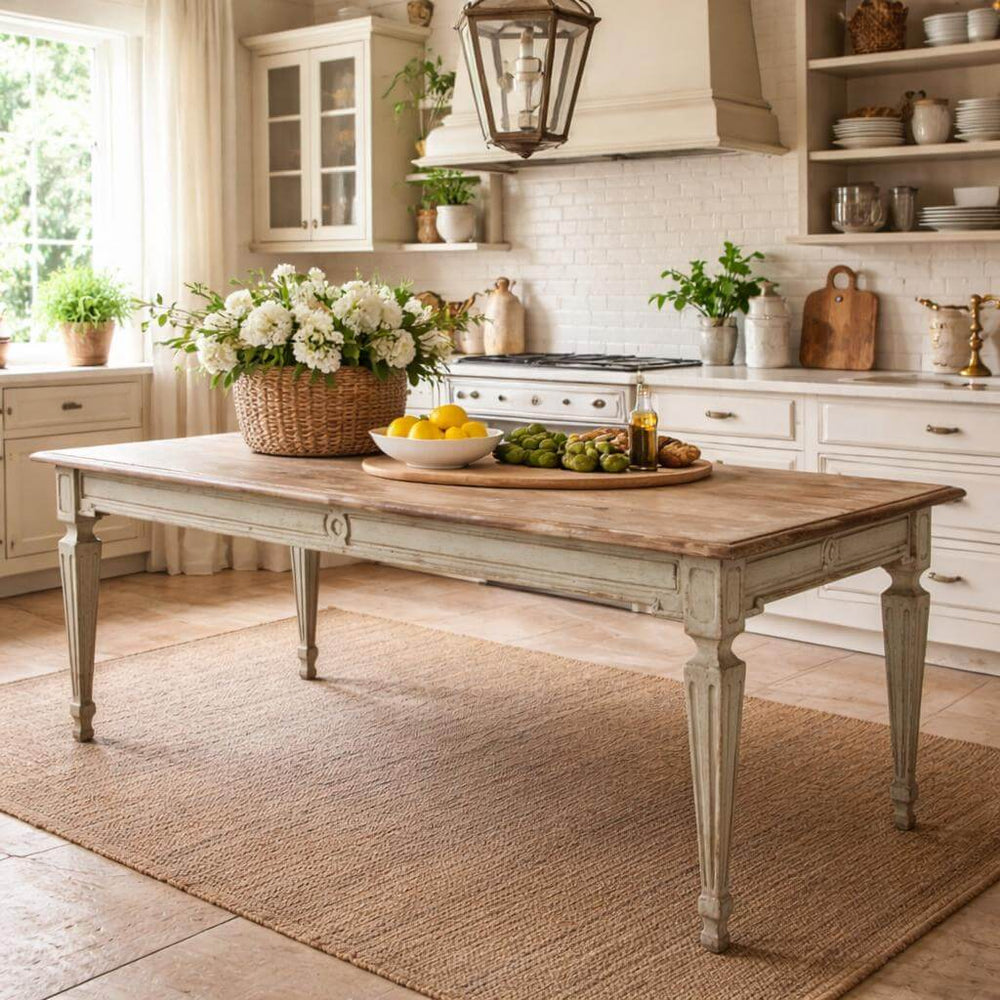 French Country Sage Dining Table with Natural Wood Top in a cozy kitchen setting with floral centerpiece.