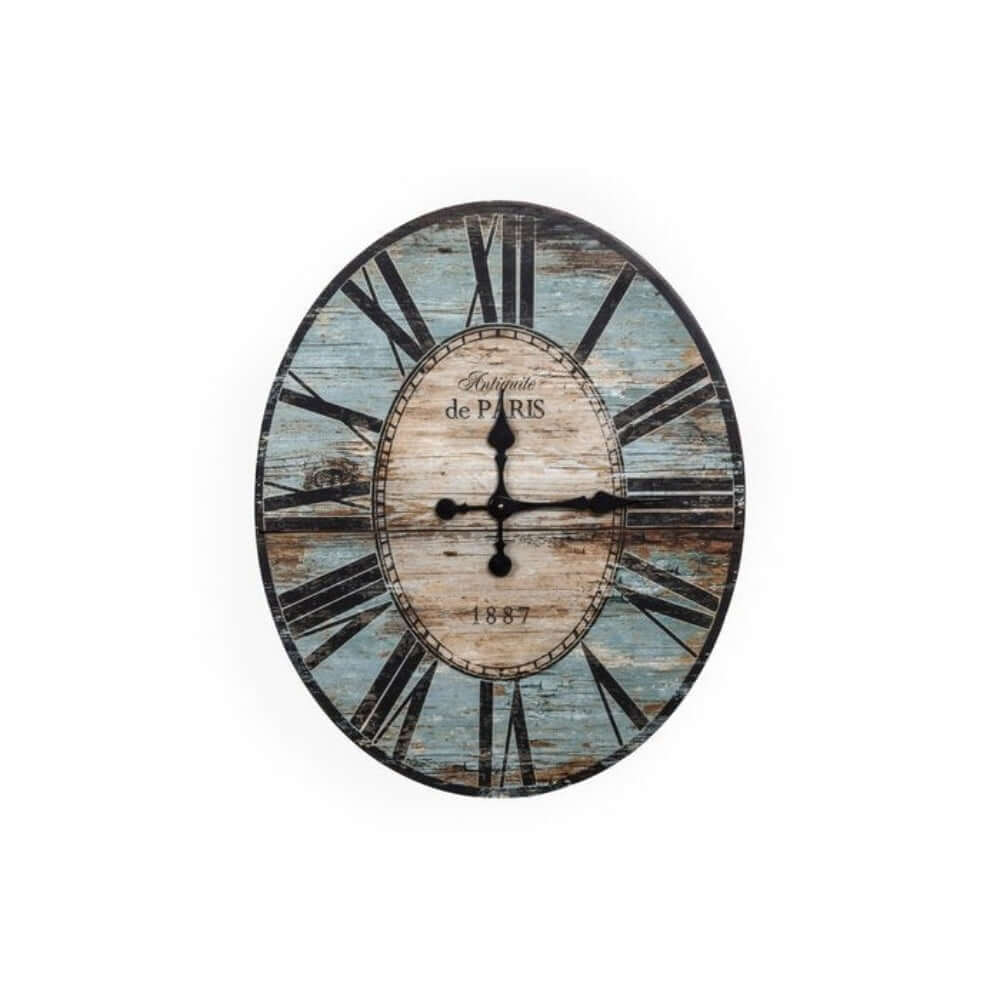 French Country Turquoise Distressed Paris Wall Clock with Roman numerals on a sun-faded, oval wooden frame.
