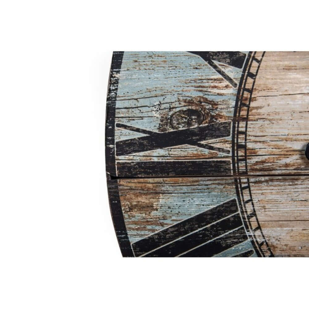 Close-up of Roman numerals on French Country Turquoise Distressed Paris Wall Clock with rustic wood detailing.