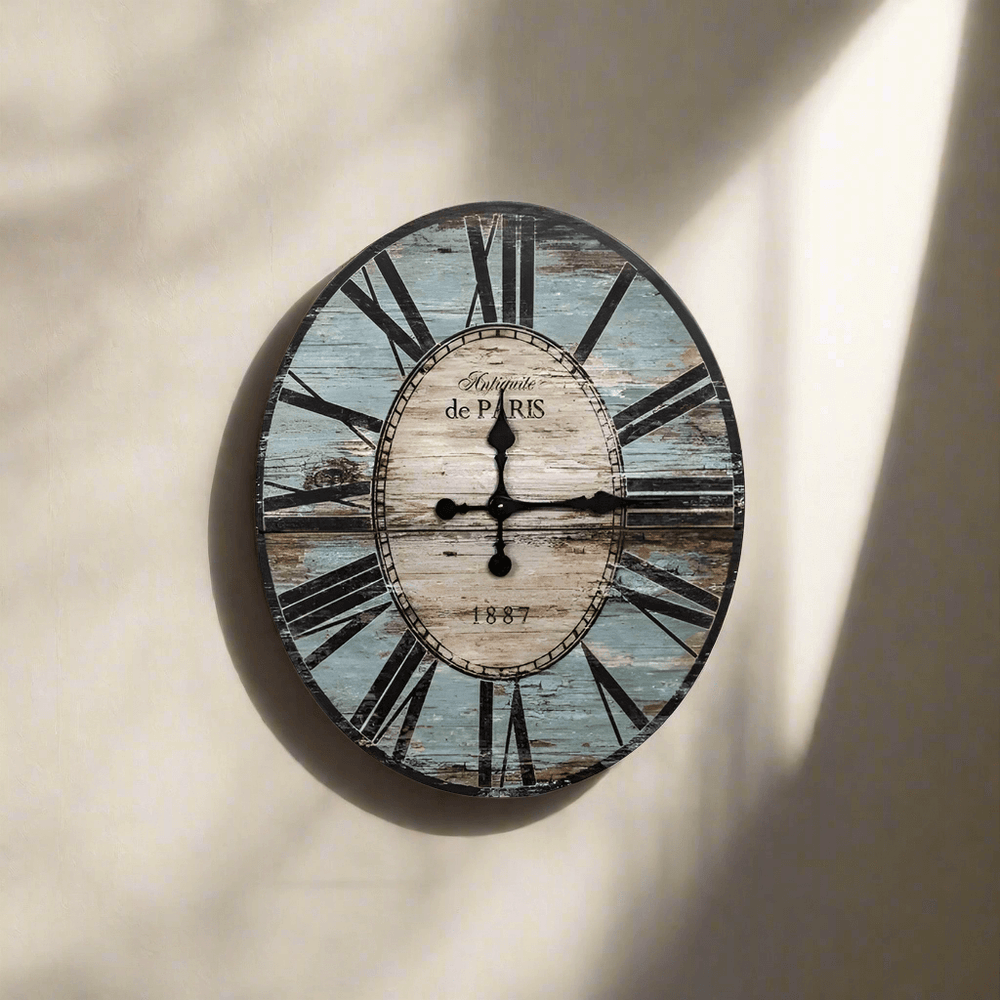 French Country Turquoise Distressed Paris Wall Clock with Roman numerals and vintage design.